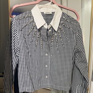 Sandro Black and White Checkered Embellished Shirt
